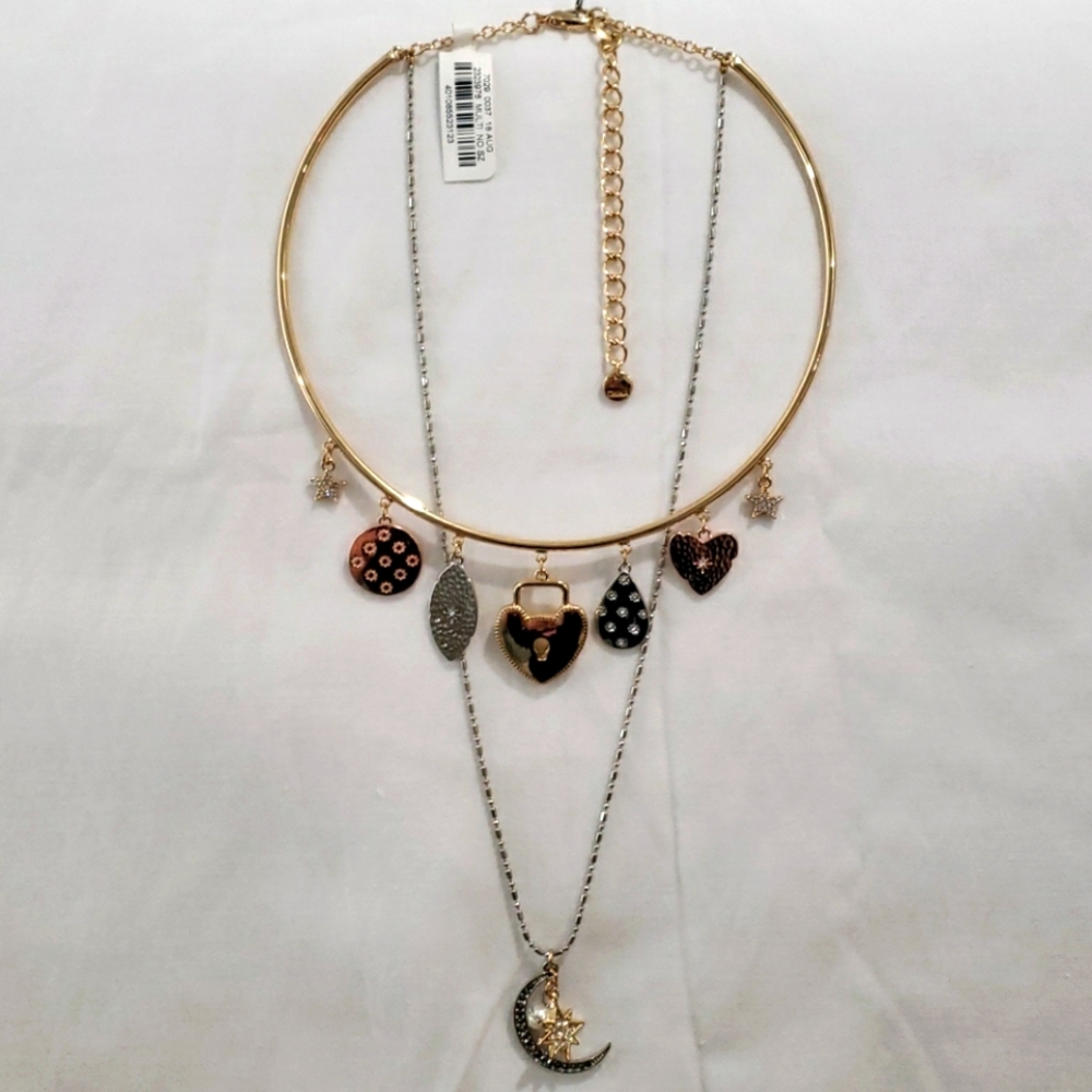 NWT Neiman Marcus Tri Color Choker Pendant Celestial Star Moon Charm Necklace